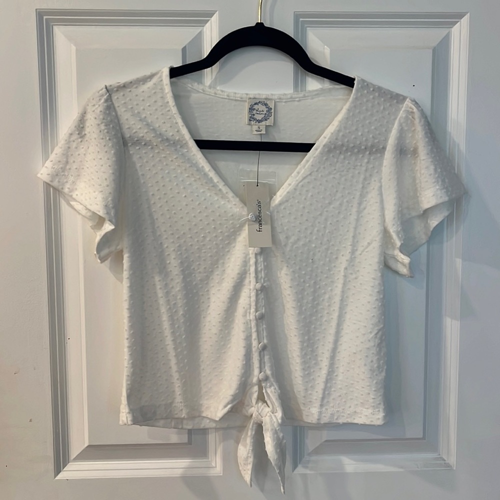 Blue Rain Ruffle Sleeve White Short Sleeve Textured Top